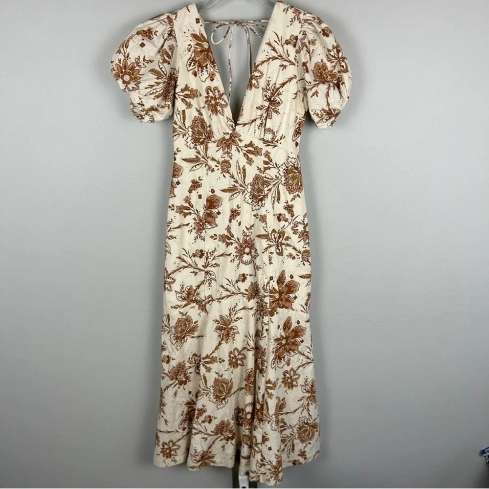 Abercrombie and Fitch Cream Floral Printed Poplin Puff Sleeve Midi Dress Small